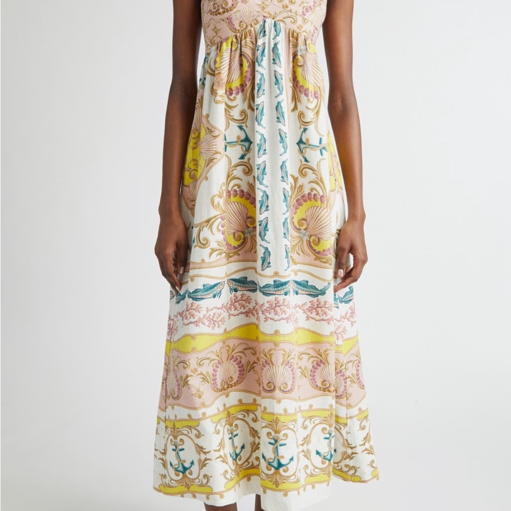 FARM Rio Orange and Blue Tiered Maxi Sundress